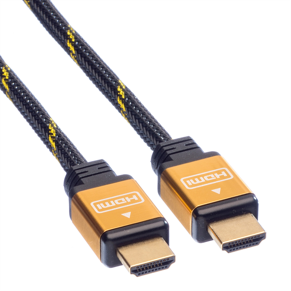 Zwei HDMI-Kabel mit goldenen Steckern und schwarzen geflochtenen Kabeln.