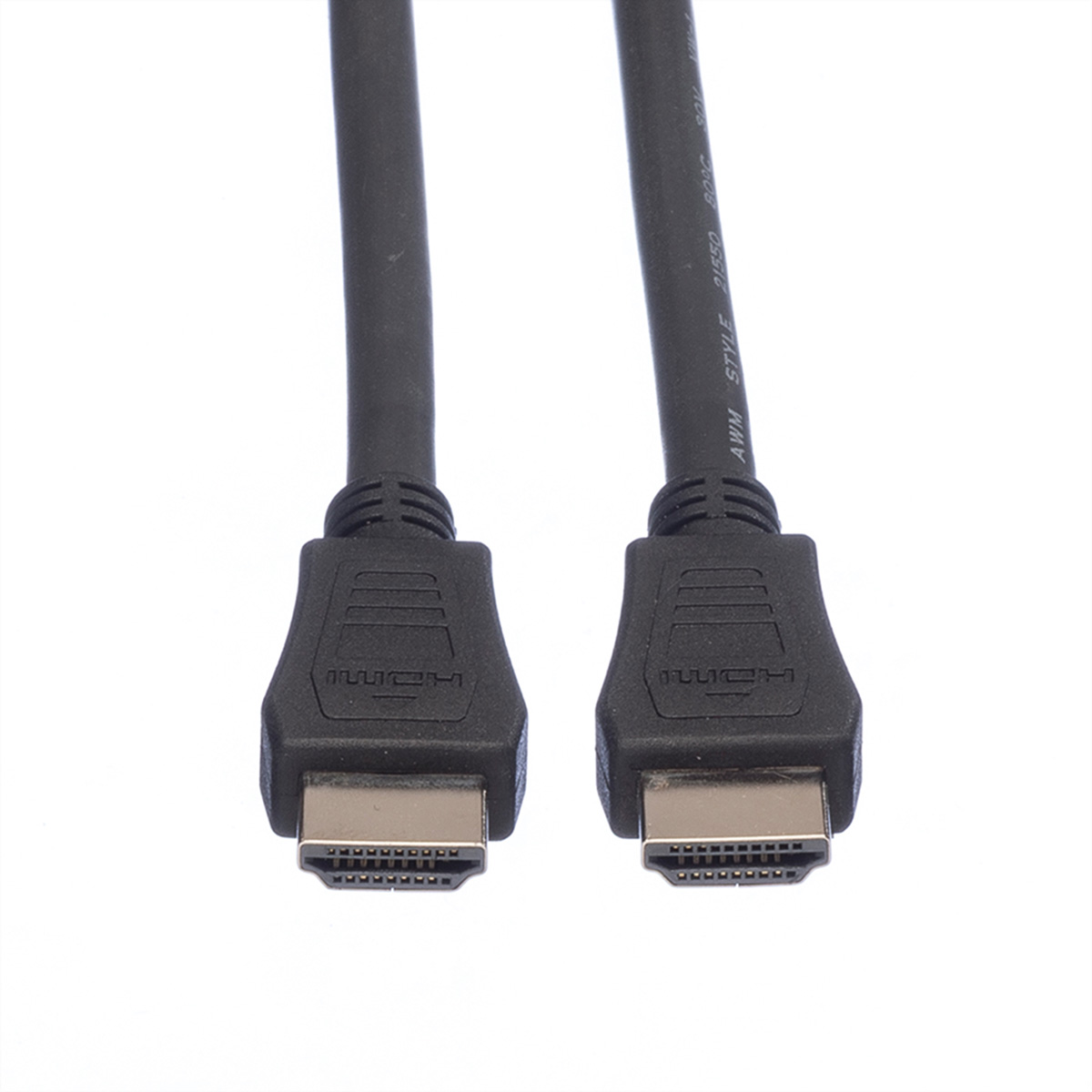 Deux câbles HDMI noirs avec connecteurs, sur fond blanc.