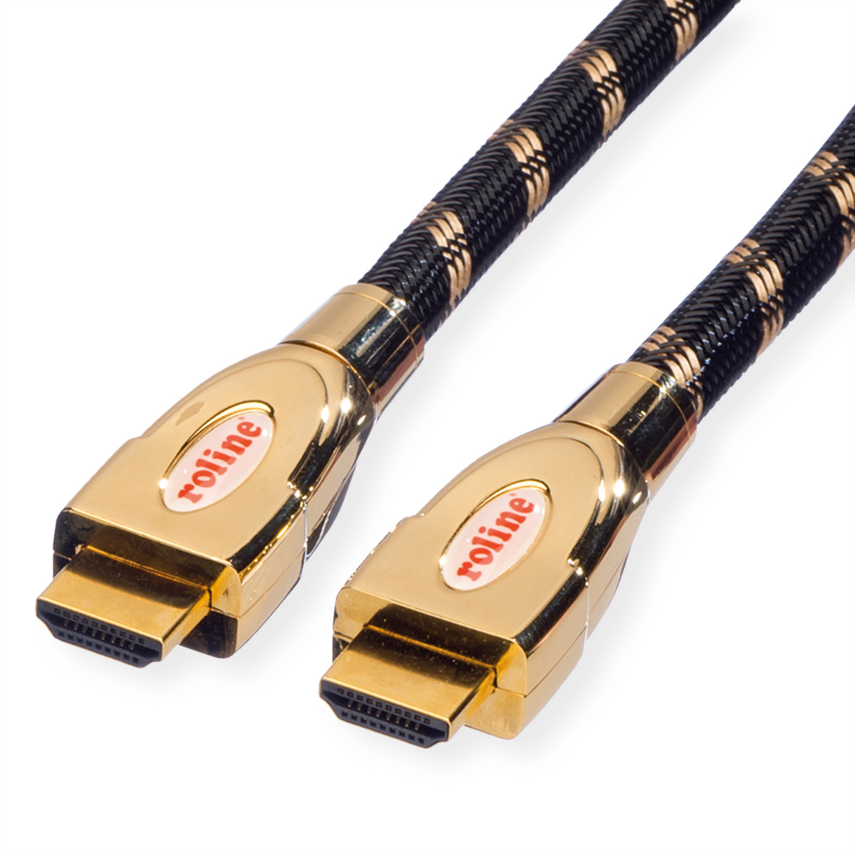 Goudkleurige HDMI-kabels met zwart en goud geweven bekleding, connectoren op een witte achtergrond.