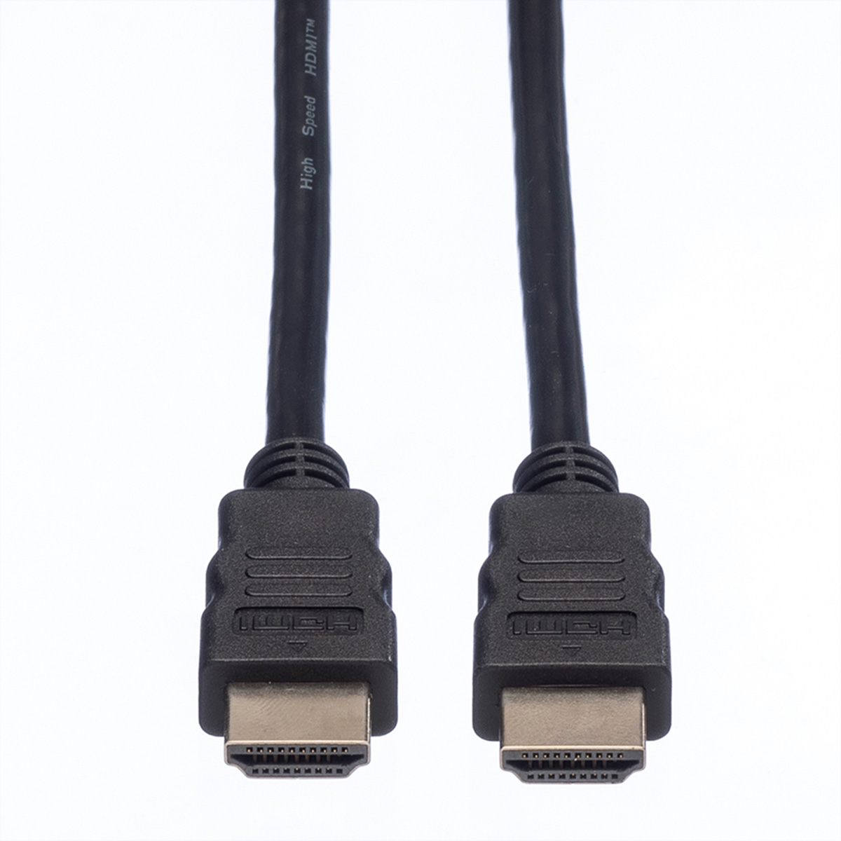 Zwei schwarze HDMI-Kabel mit schwarzen Steckern auf weißem Hintergrund.
