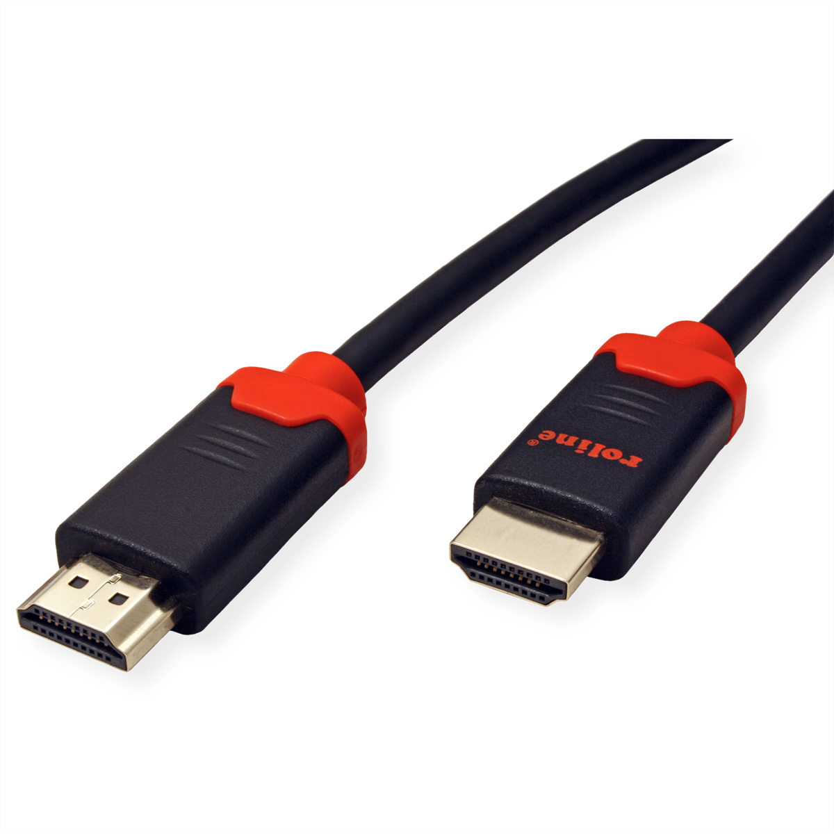 Schwarze HDMI-Kabel mit roten Spitzen vor weißem Hintergrund.
