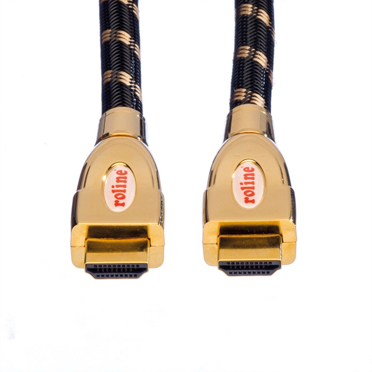 Deux connecteurs HDMI dorés avec le texte de la marque roline sur fond blanc.