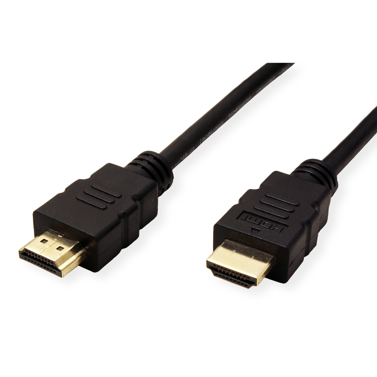 Een zwarte HDMI-kabel met gouden connectoren wordt getoond op een witte achtergrond.