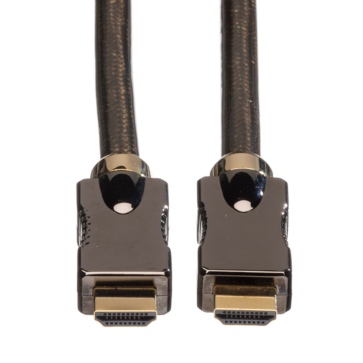 Zwei schwarze HDMI-Kabel mit silbernen Steckern und goldfarbenen Spitzen.