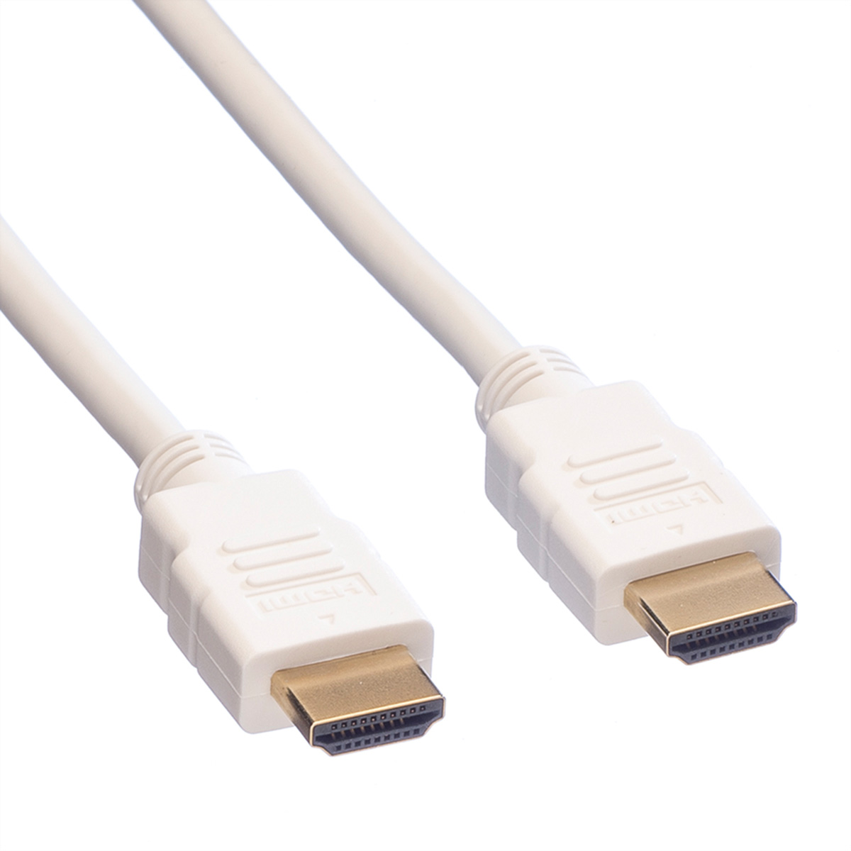 Weißes HDMI-Kabel mit Steckern. Isoliert auf weißem Hintergrund, Nahaufnahme.