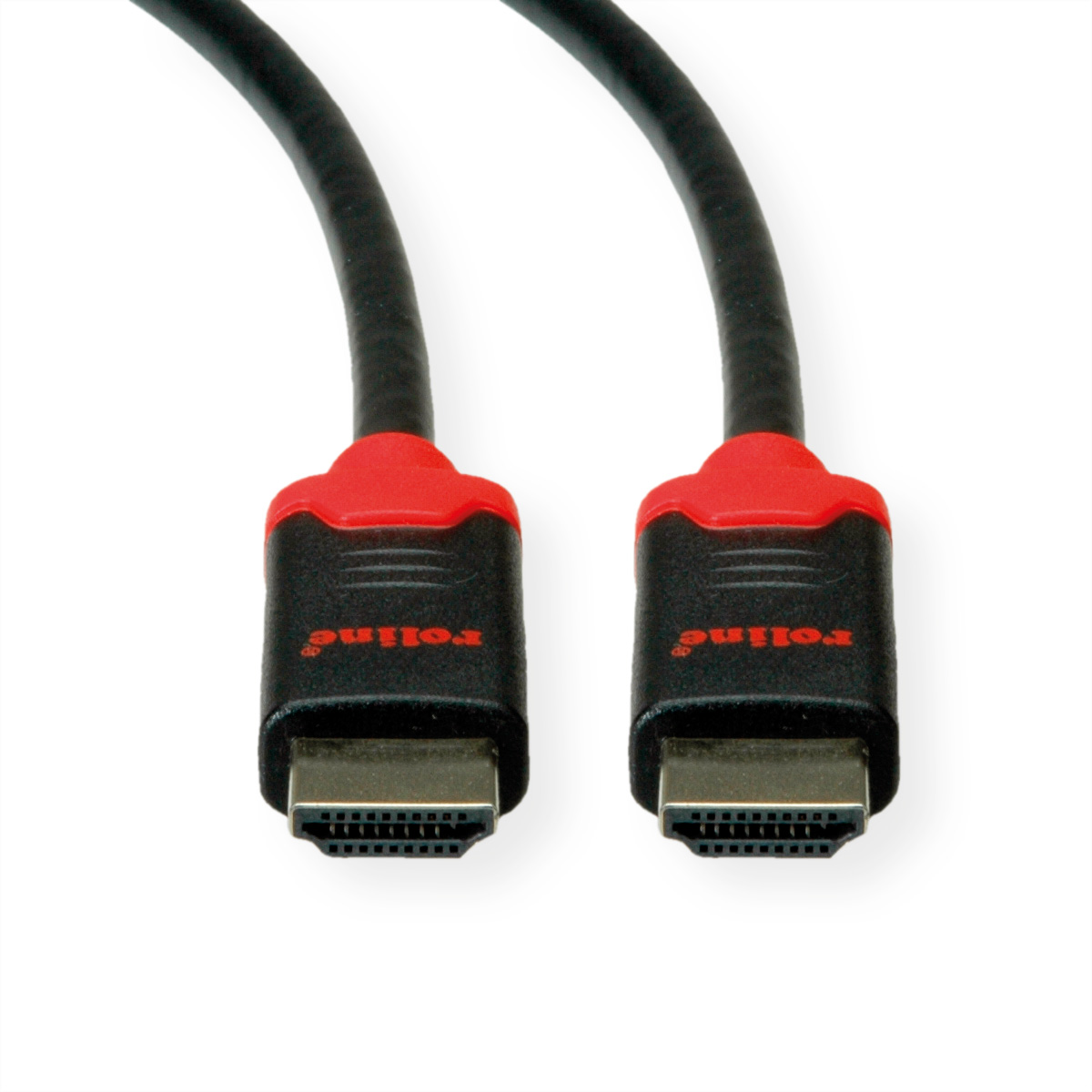 Zwei schwarze HDMI-Kabel mit roten Steckern. Auf den Steckern steht das Wort 'rolline'.