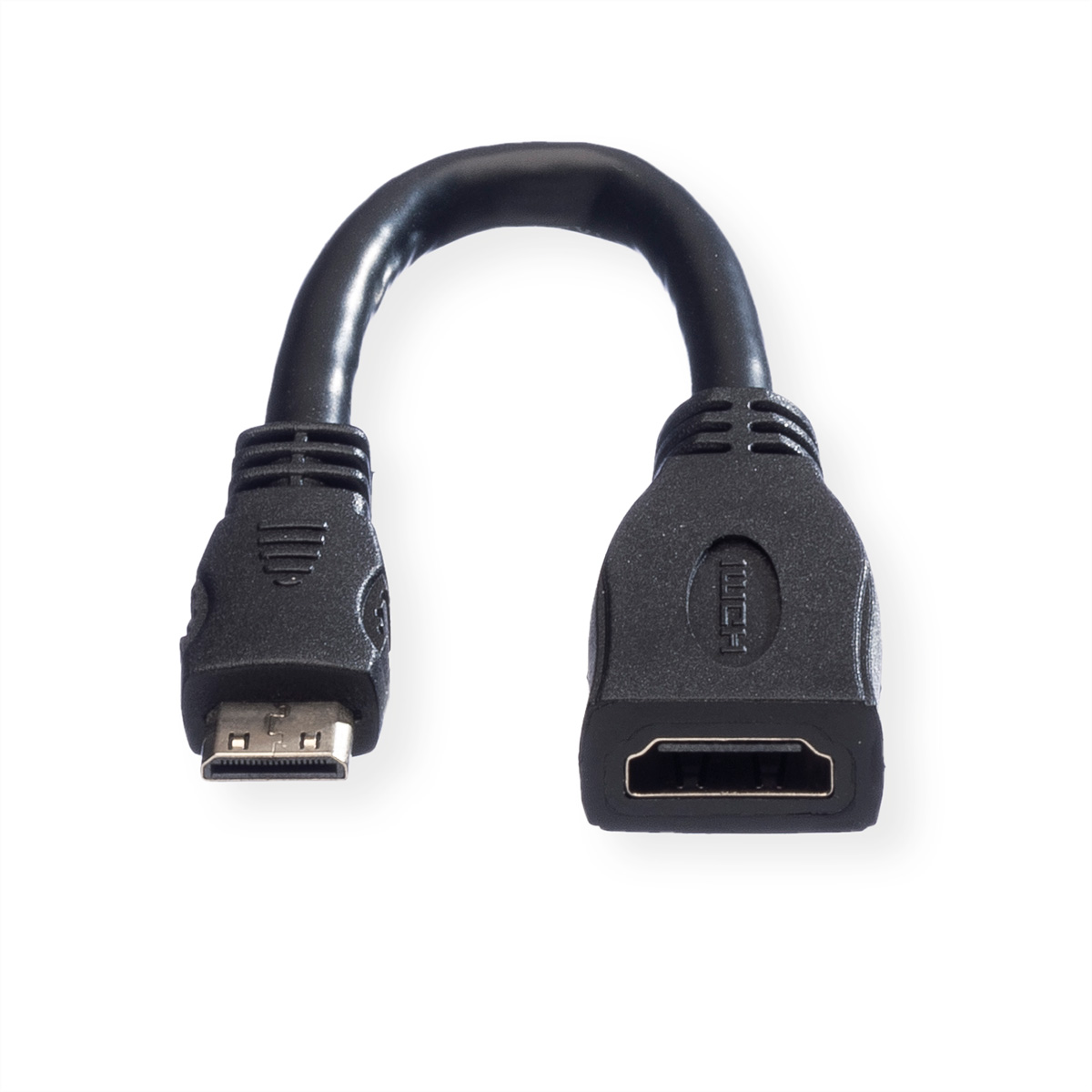 Schwarzes HDMI-Adapterkabel. Ein Ende ist Standard-HDMI, das andere Mini-HDMI.