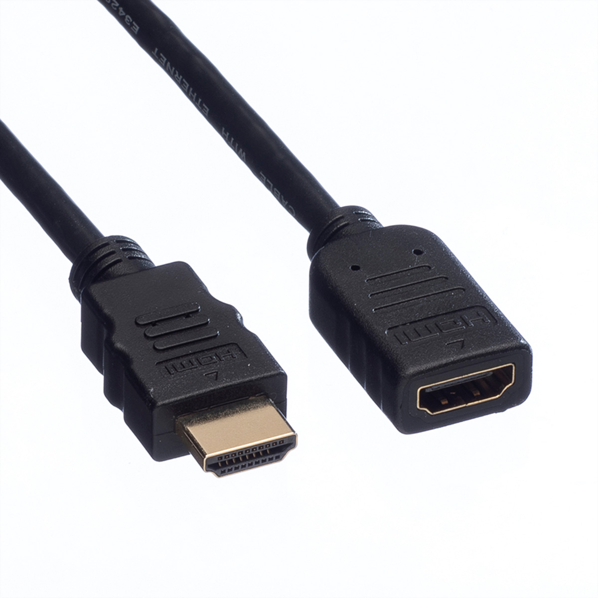 Schwarzes HDMI-Kabel mit zwei Anschlüssen. Weißer Hintergrund.