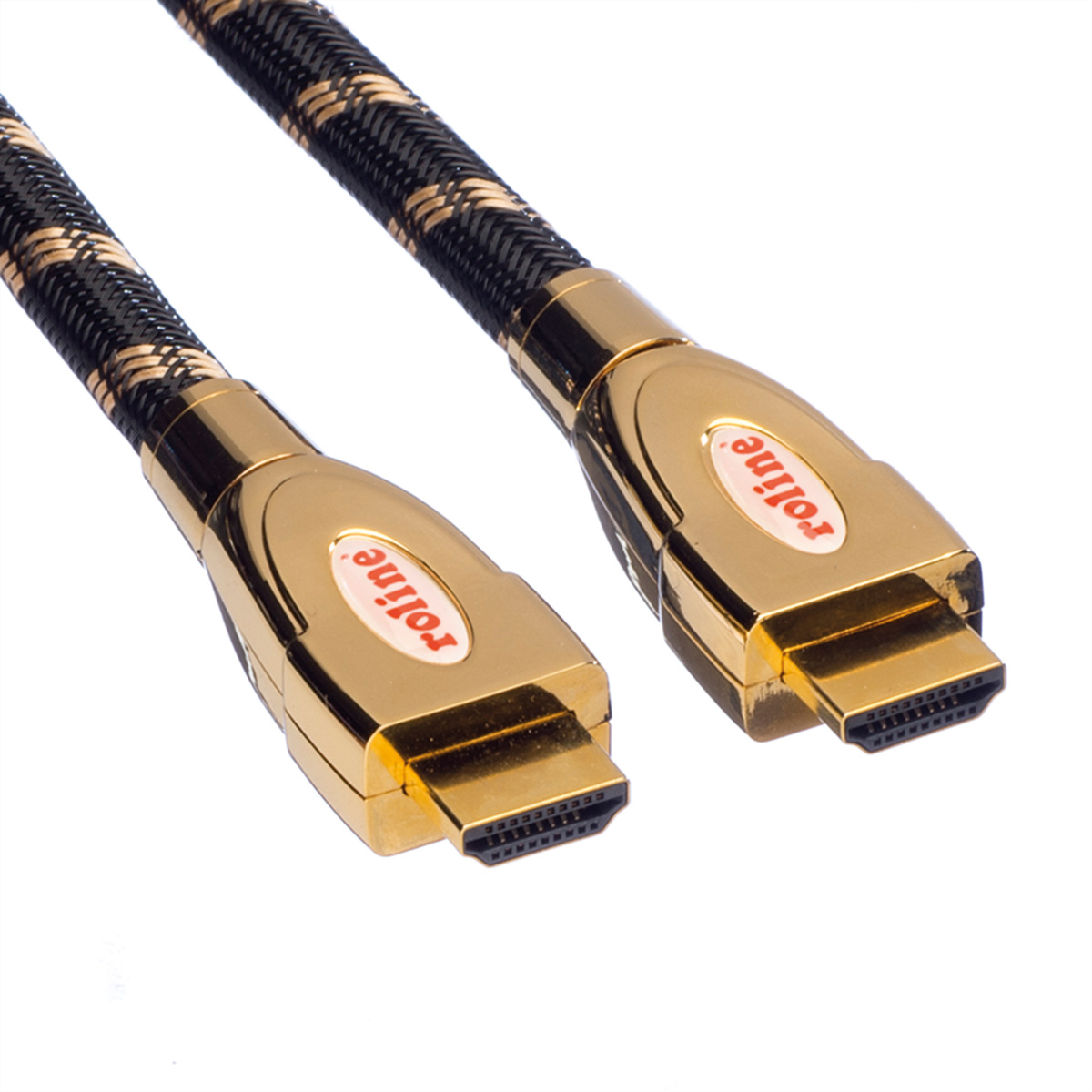 Goudkleurige HDMI-kabel met gouden connectoren. De kabel is zwart en goud gevlochten.