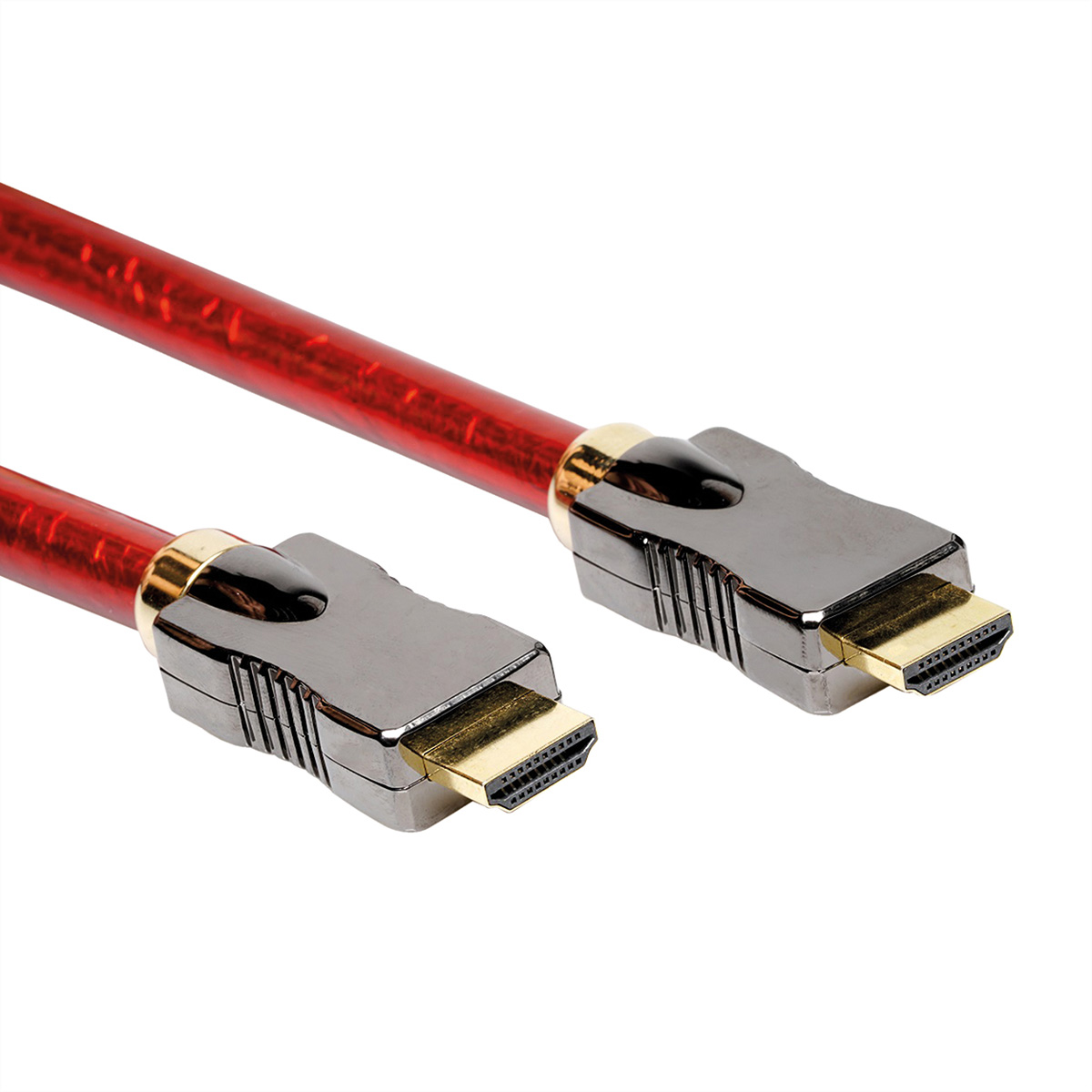Rode HDMI-kabel met zwarte connectoren en goudkleurige details tegen een witte achtergrond.