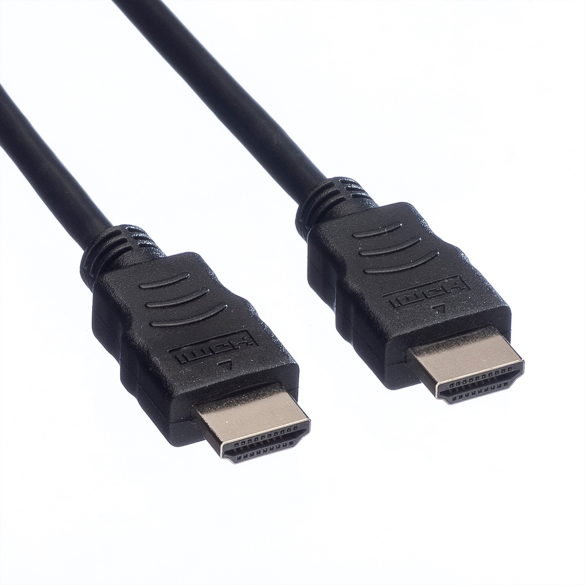 Zwarte HDMI-kabel met connectoren aan beide uiteinden.