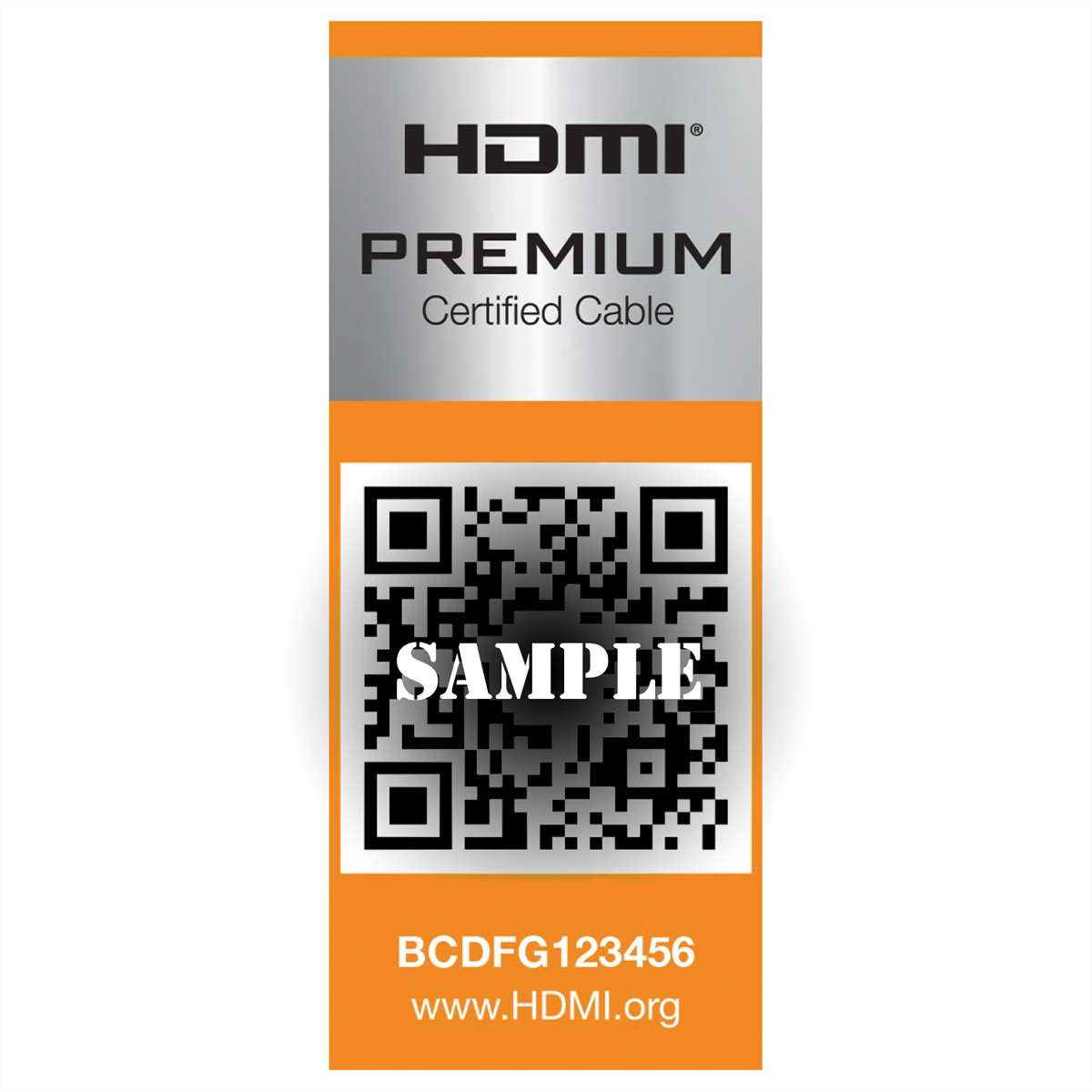 HDMI Premium Kabel-Etikett mit QR-Code, orange und silber. Weißer Hintergrund.