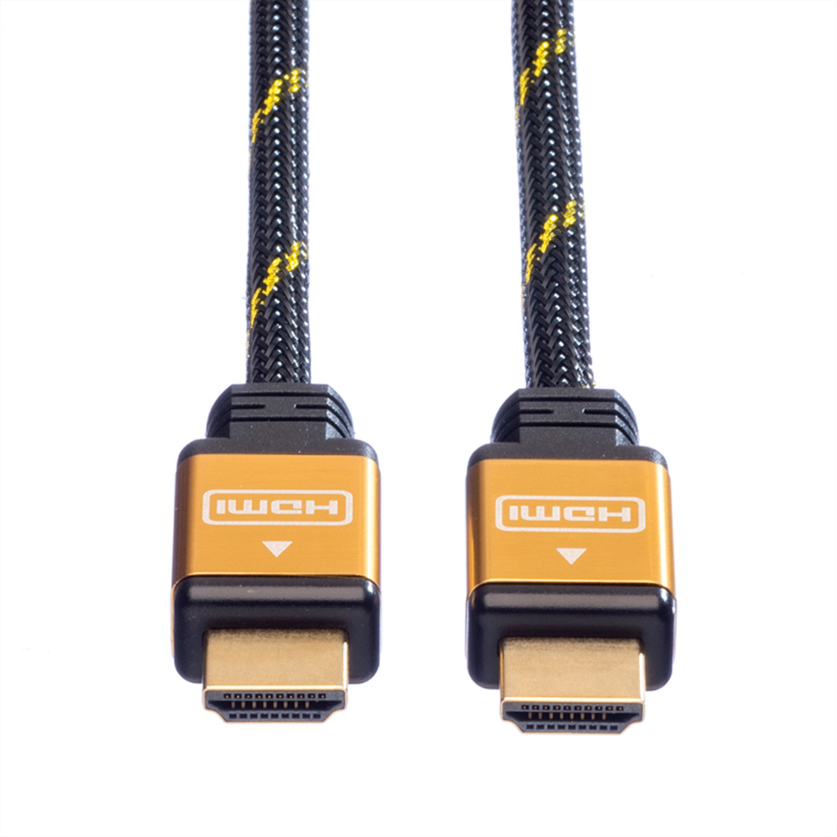 Zwei HDMI-Kabel mit schwarz-gelbem Design und goldenen Steckern auf weißem Hintergrund.