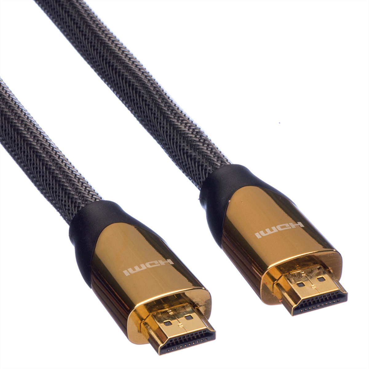 Zwei HDMI-Kabel mit Goldsteckern. Die Kabel sind schwarz, und die Enden sind goldfarben.