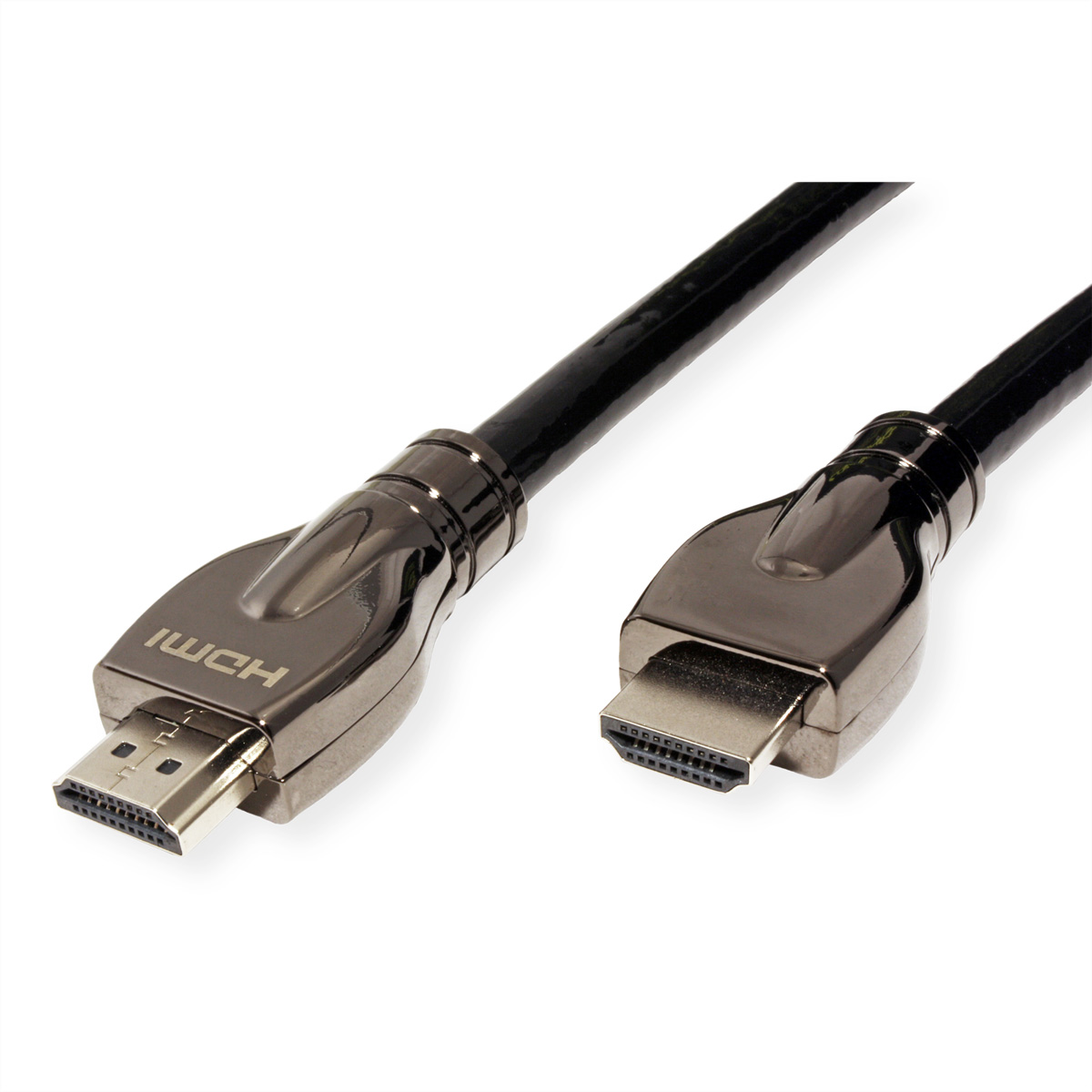 HDMI-kabel met connectoren. Donkere metalen afwerking. Witte achtergrond.