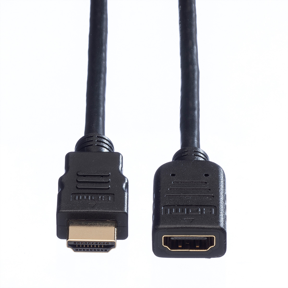 Schwarze HDMI-Kabel mit Steckern an beiden Enden, auf weißem Hintergrund. Zeigt Verbindungsdetails.