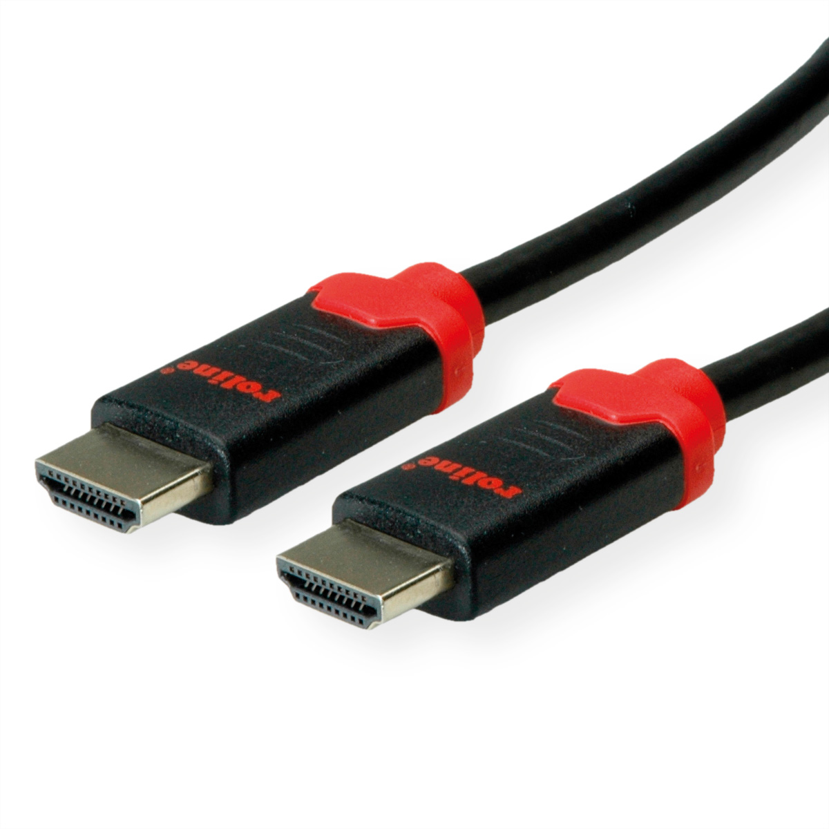 Zwei schwarze HDMI-Kabel mit roten Anschlüssen auf weißem Hintergrund.