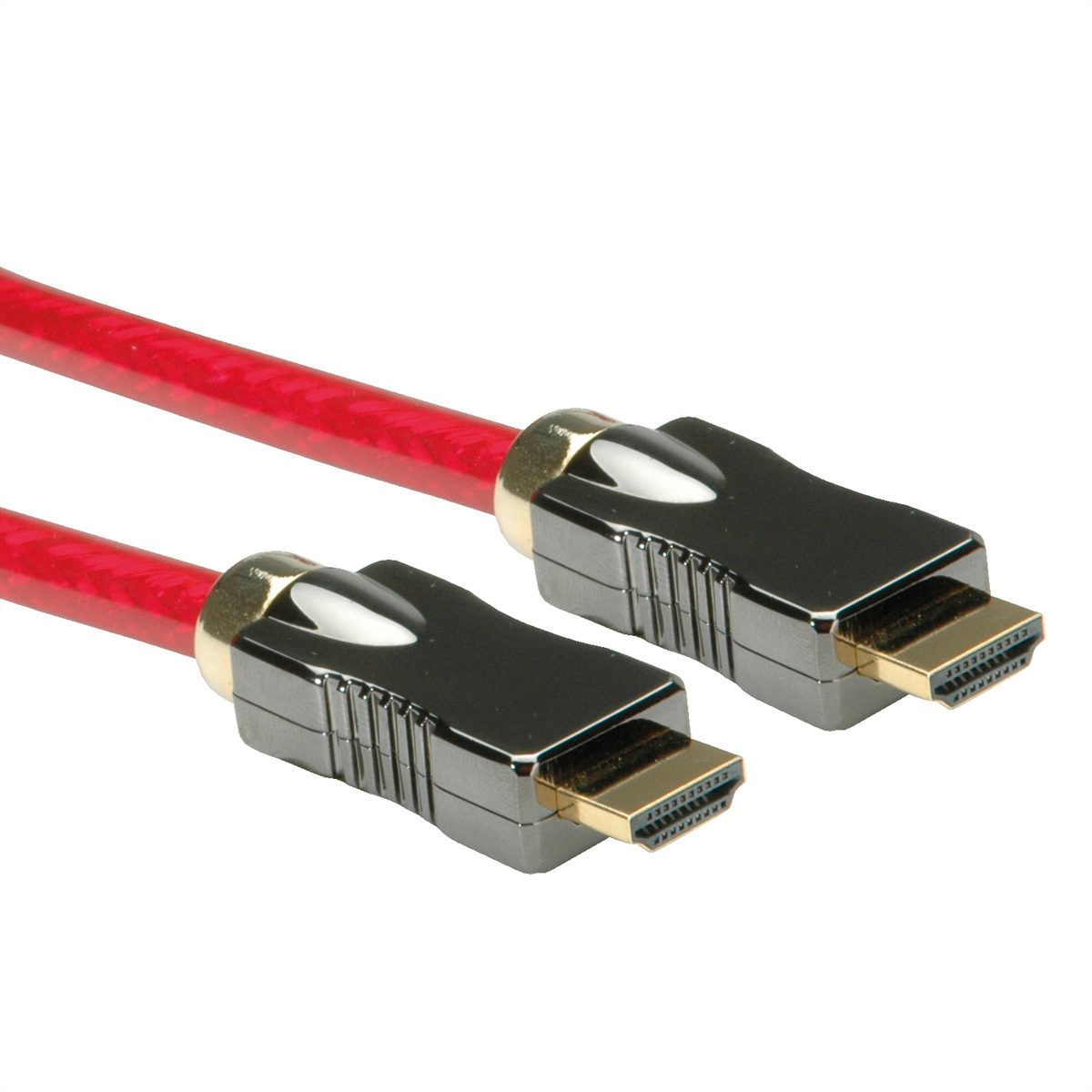 Twee HDMI-kabels met rode gevlochten hoezen, zwarte connectoren met goudkleurige accenten, witte achtergrond.