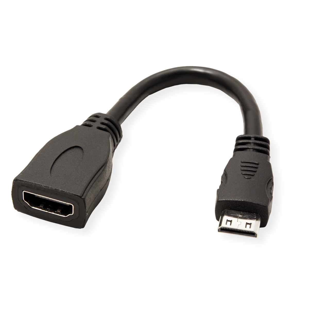 Schwarzer HDMI-zu-Micro-HDMI-Adapter auf weißem Hintergrund.