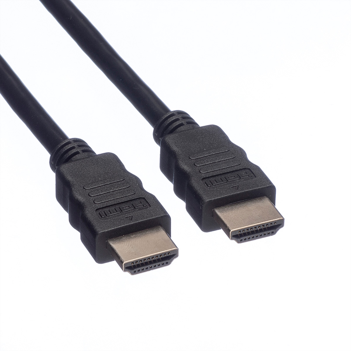 Schwarze HDMI-Kabel vor weißem Hintergrund.