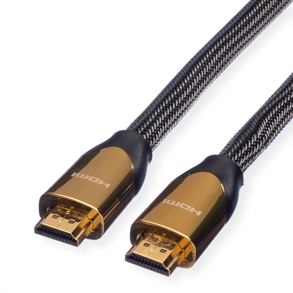 HDMI-Kabel mit goldenen Steckern. Das Kabel ist schwarz und grau. Weißer Hintergrund.