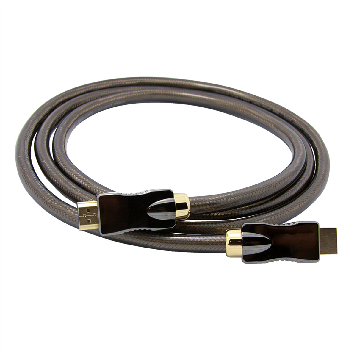 HDMI-Kabel mit goldenen Anschlüssen, graues Kabel und weißer Hintergrund. Das Kabel ist aufgerollt.
