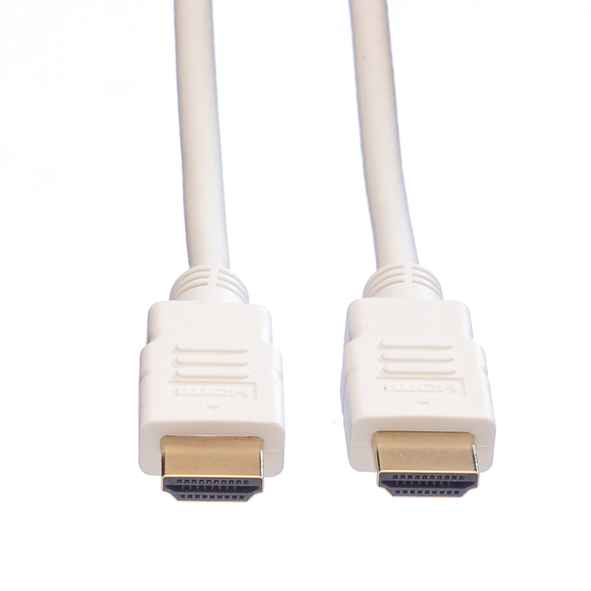 Zwei weiße HDMI-Kabel mit weißen Steckern vor weißem Hintergrund, Nahaufnahme.