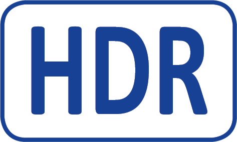 Blauwe HDR-tekst in een witte rechthoek met afgeronde hoeken.