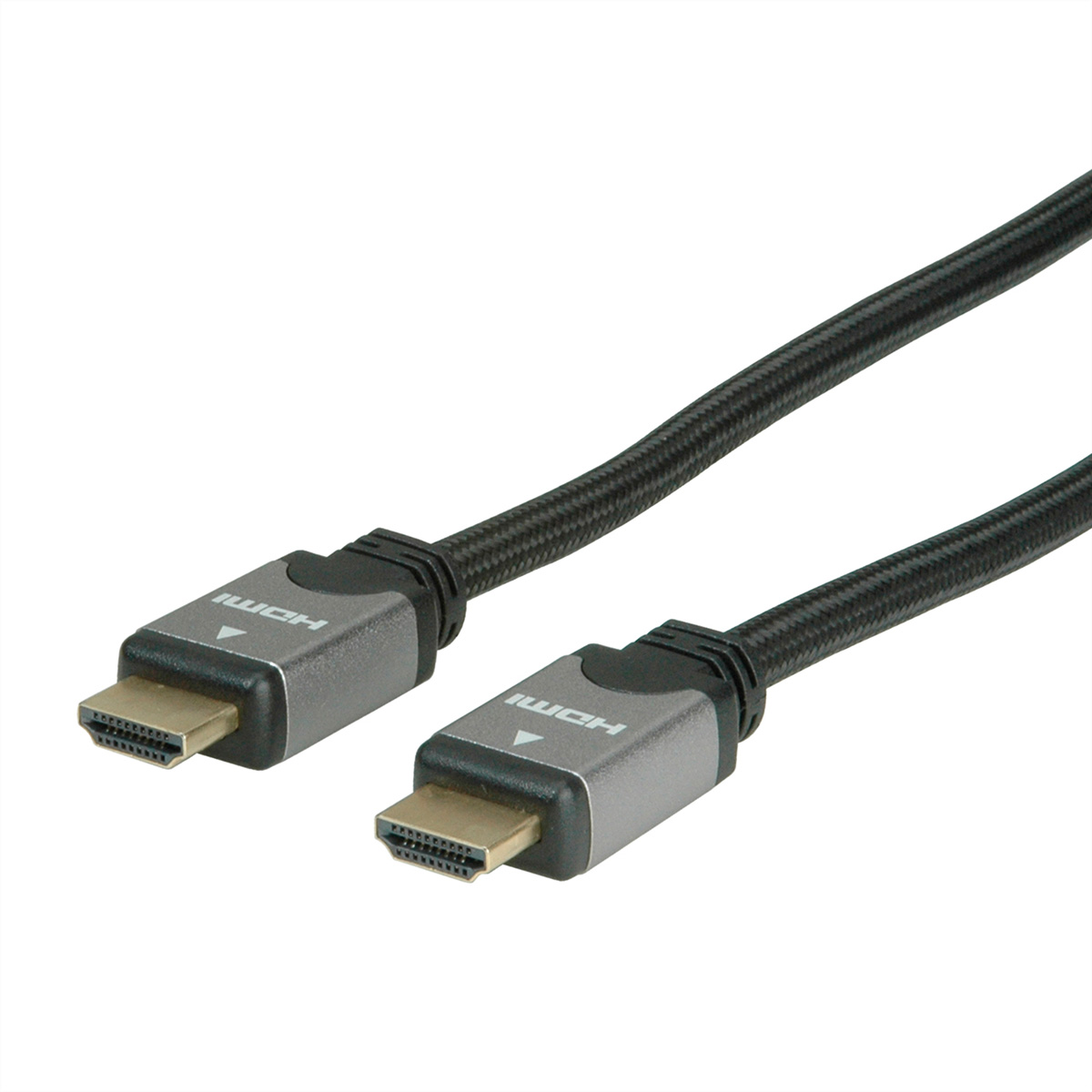 Zwei HDMI-Kabel mit grauen Steckern und schwarzem geflochtenem Kabel.