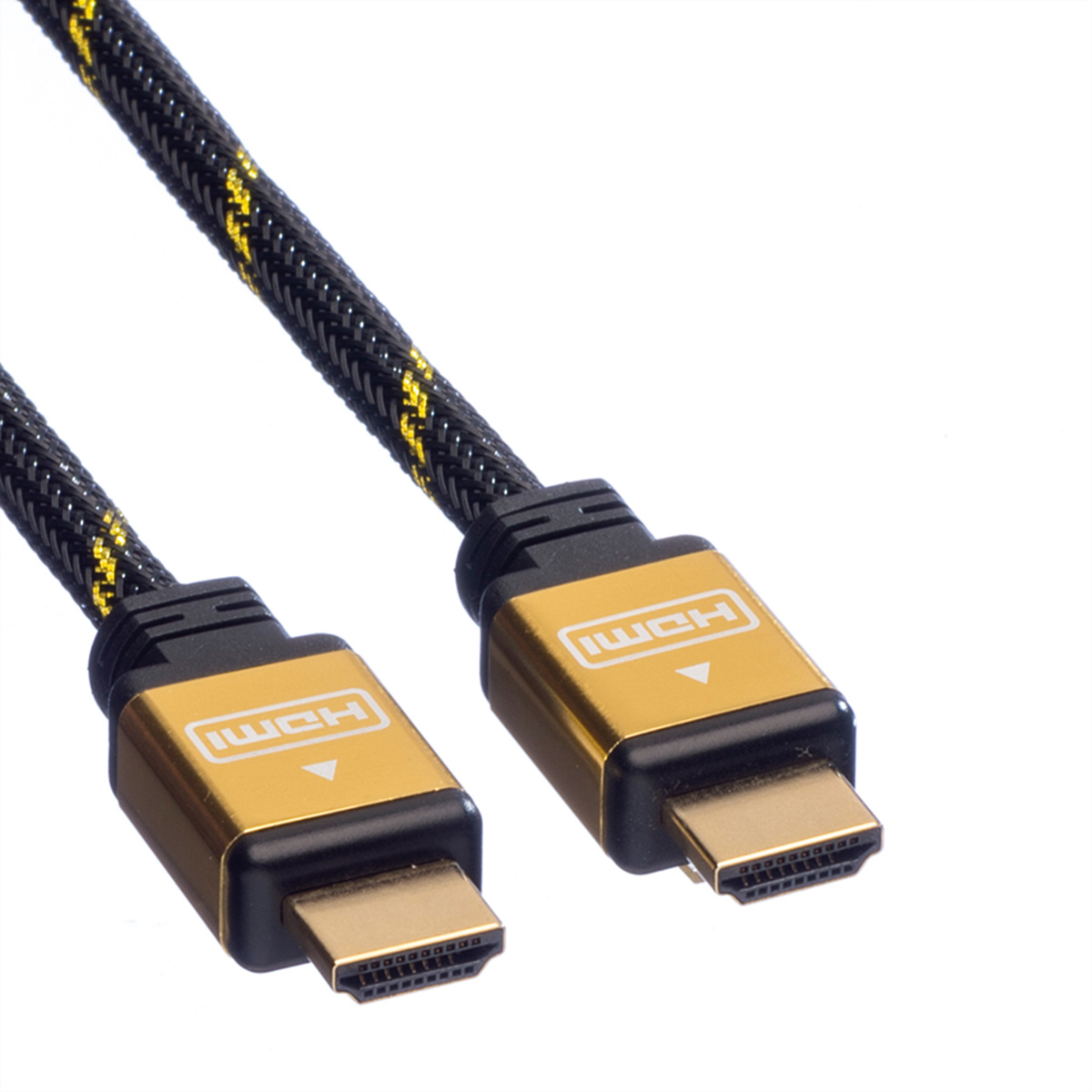 Twee goudkleurige HDMI-kabels met zwart-gele gevlochten kabels, tegen witte achtergrond.