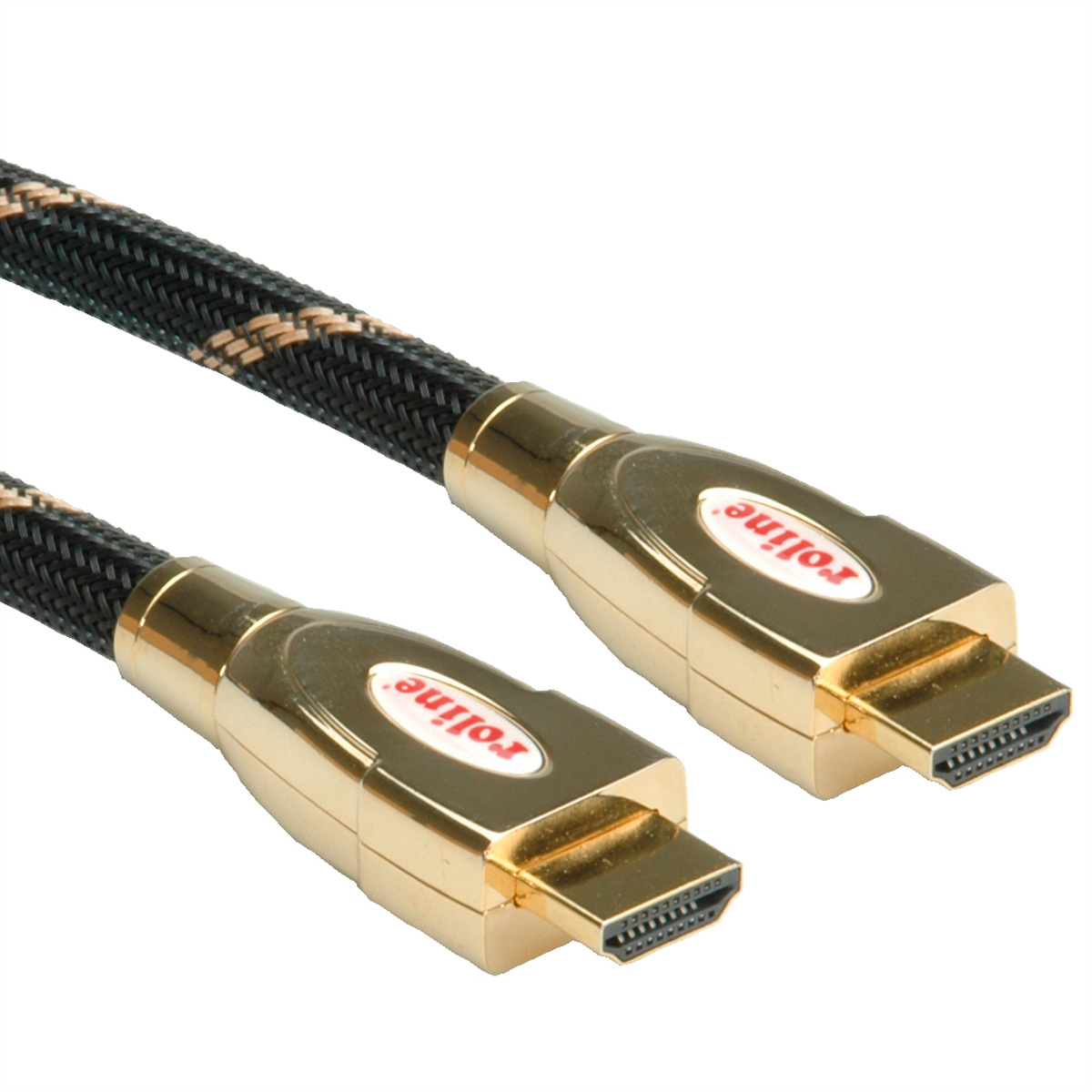 Twee HDMI-kabels met gouden connectoren en zwart-goud gevlochten kabel.