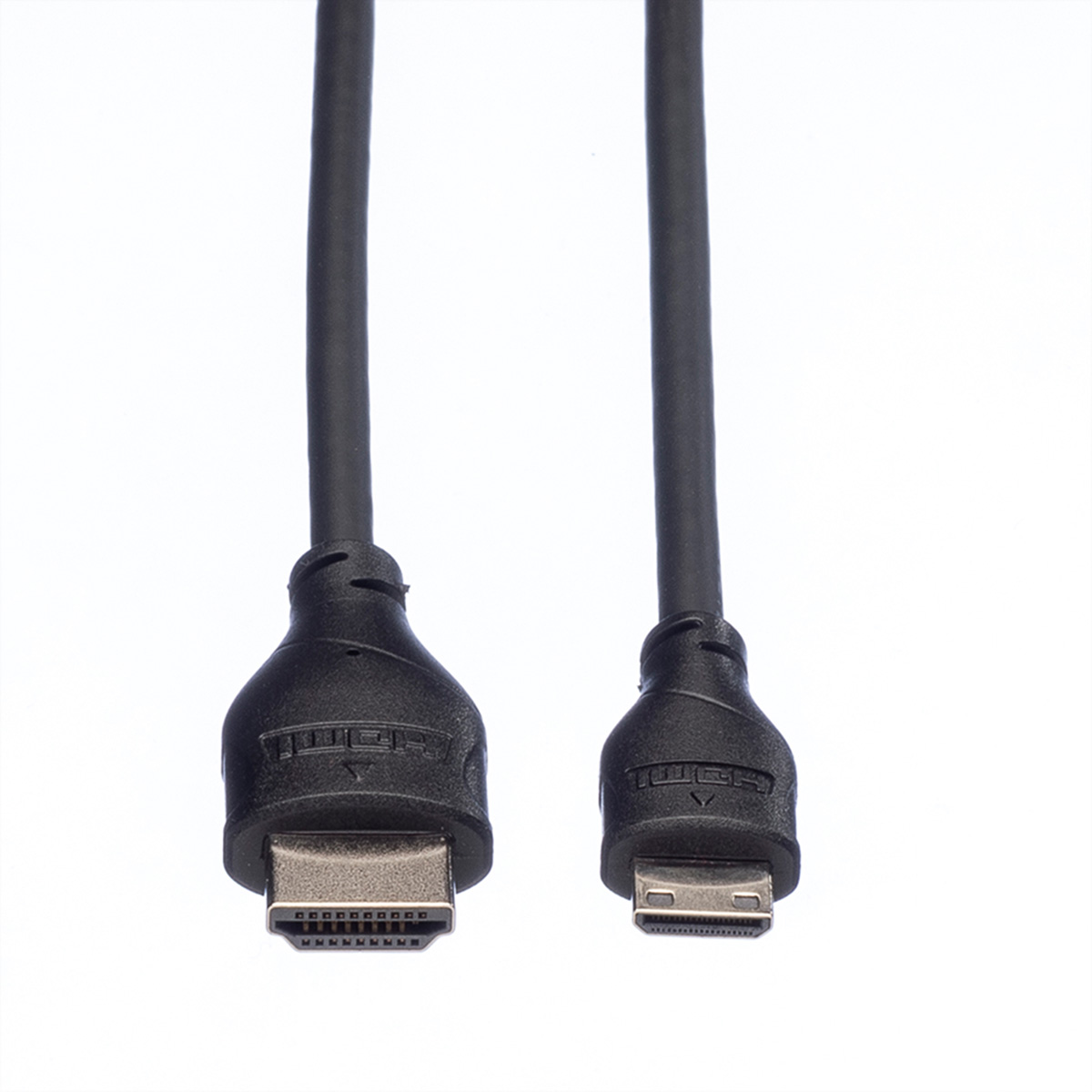 Deux câbles HDMI noirs avec connecteurs. L'un est standard, l'autre est mini-HDMI.