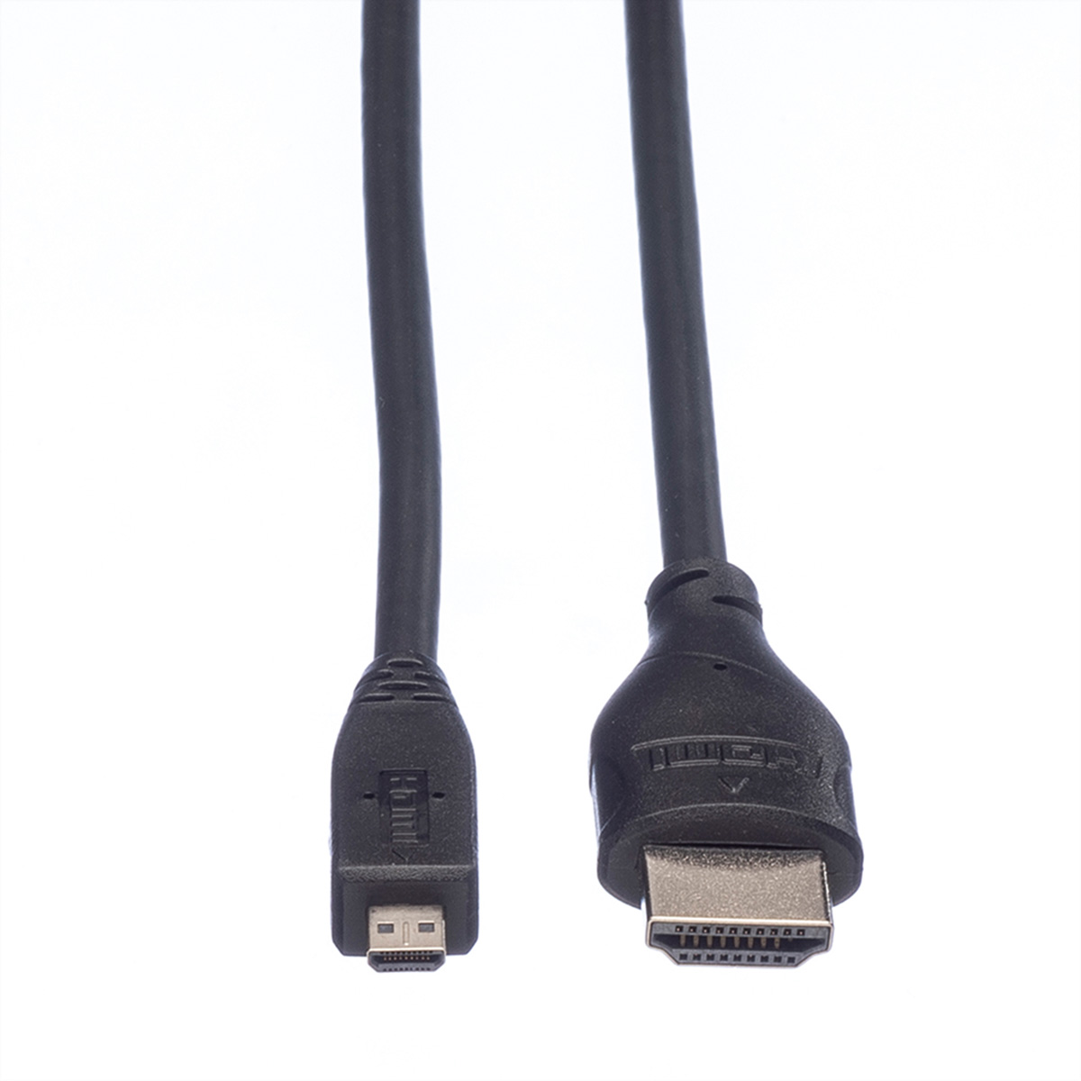 Zwei schwarze HDMI-Kabel mit unterschiedlich großen Steckern auf weißem Grund.