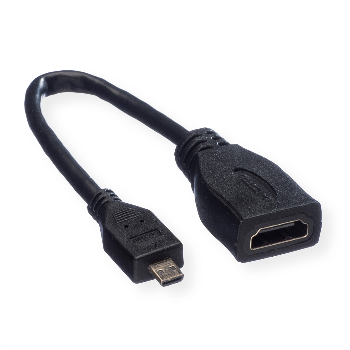 Ein schwarzes HDMI-Kabel mit einem Micro-USB-Anschluss an einem Ende und einem Standard-HDMI-Anschluss am anderen.