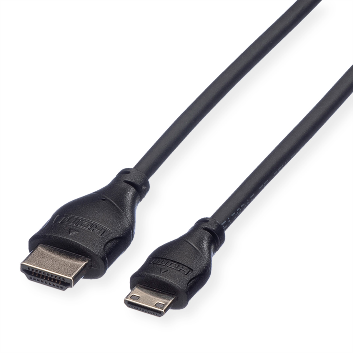 Deux câbles HDMI noirs avec connecteurs noirs, coudés à une extrémité.