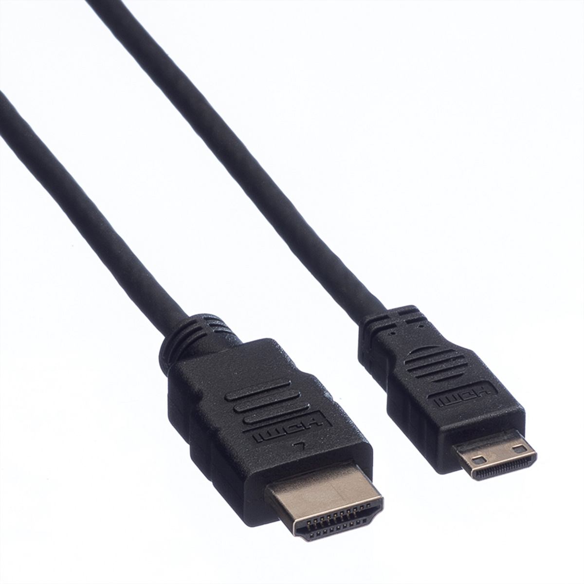Zwei schwarze HDMI-Kabel mit unterschiedlichen Anschlüssen. Die Kabel liegen auf einer weißen Oberfläche.