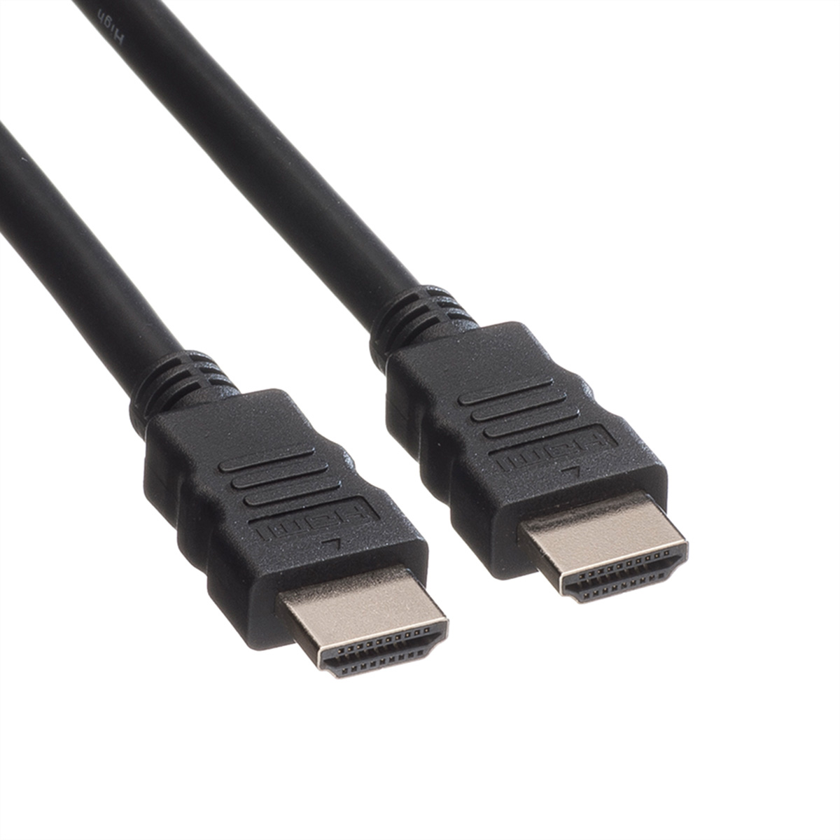 Zwei schwarze HDMI-Kabel mit schwarzen Steckern. Weißer Hintergrund.