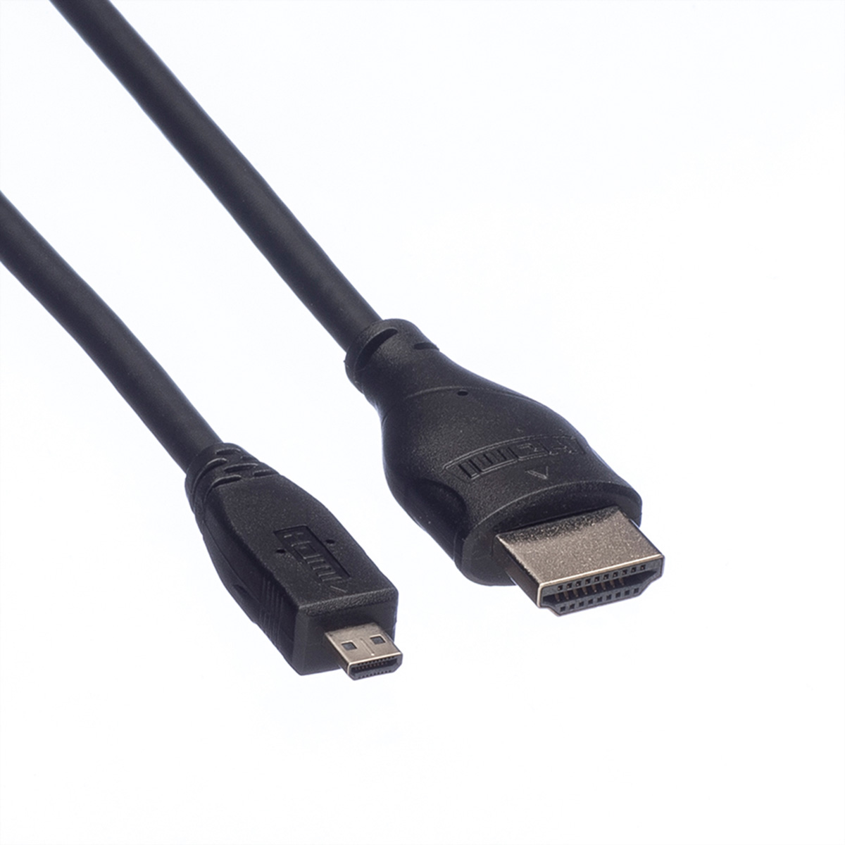 Zwei schwarze HDMI-Kabel. Eines hat einen Standardanschluss, das andere einen Mikroanschluss.