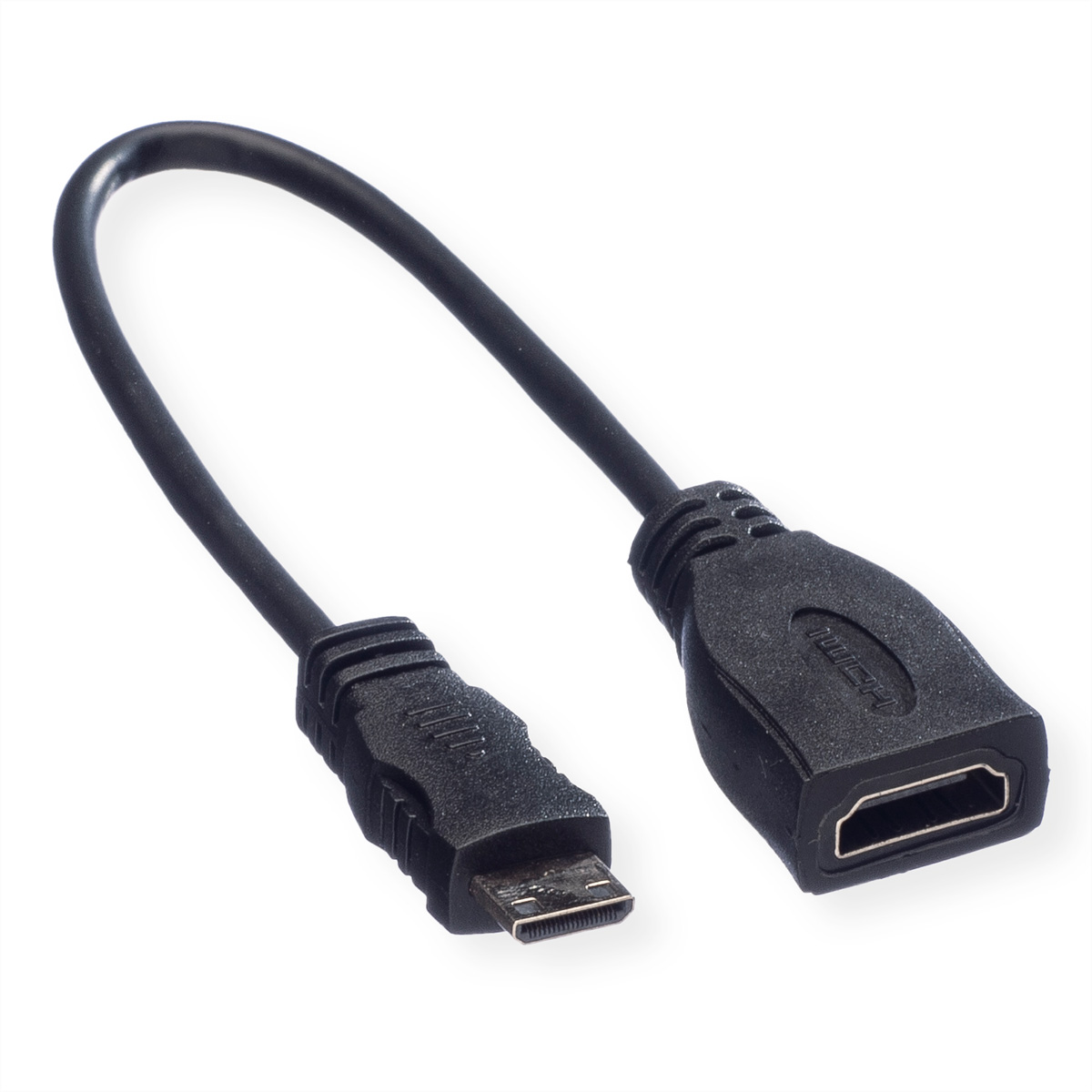 Ein schwarzes HDMI-Kabel mit zwei Steckern, einem Stecker und einer Buchse. Der Hintergrund ist weiß.