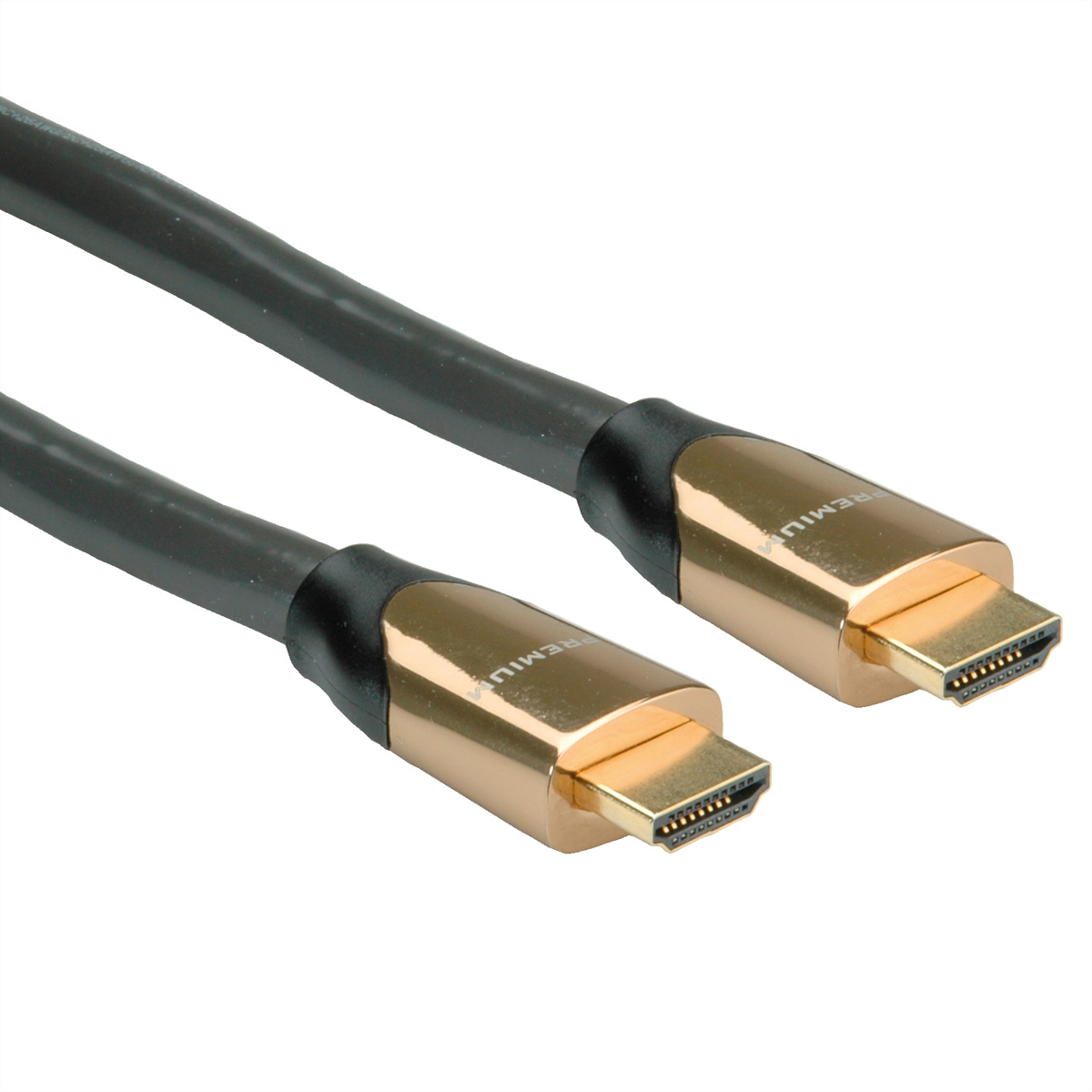 Deux câbles HDMI avec des connecteurs dorés et un câble noir.