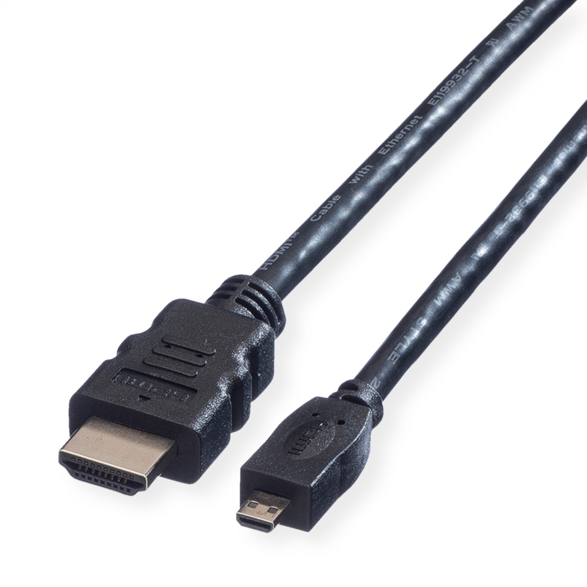Schwarzes HDMI-Kabel mit zwei Steckern, ein großer und ein kleiner, weißer Hintergrund.