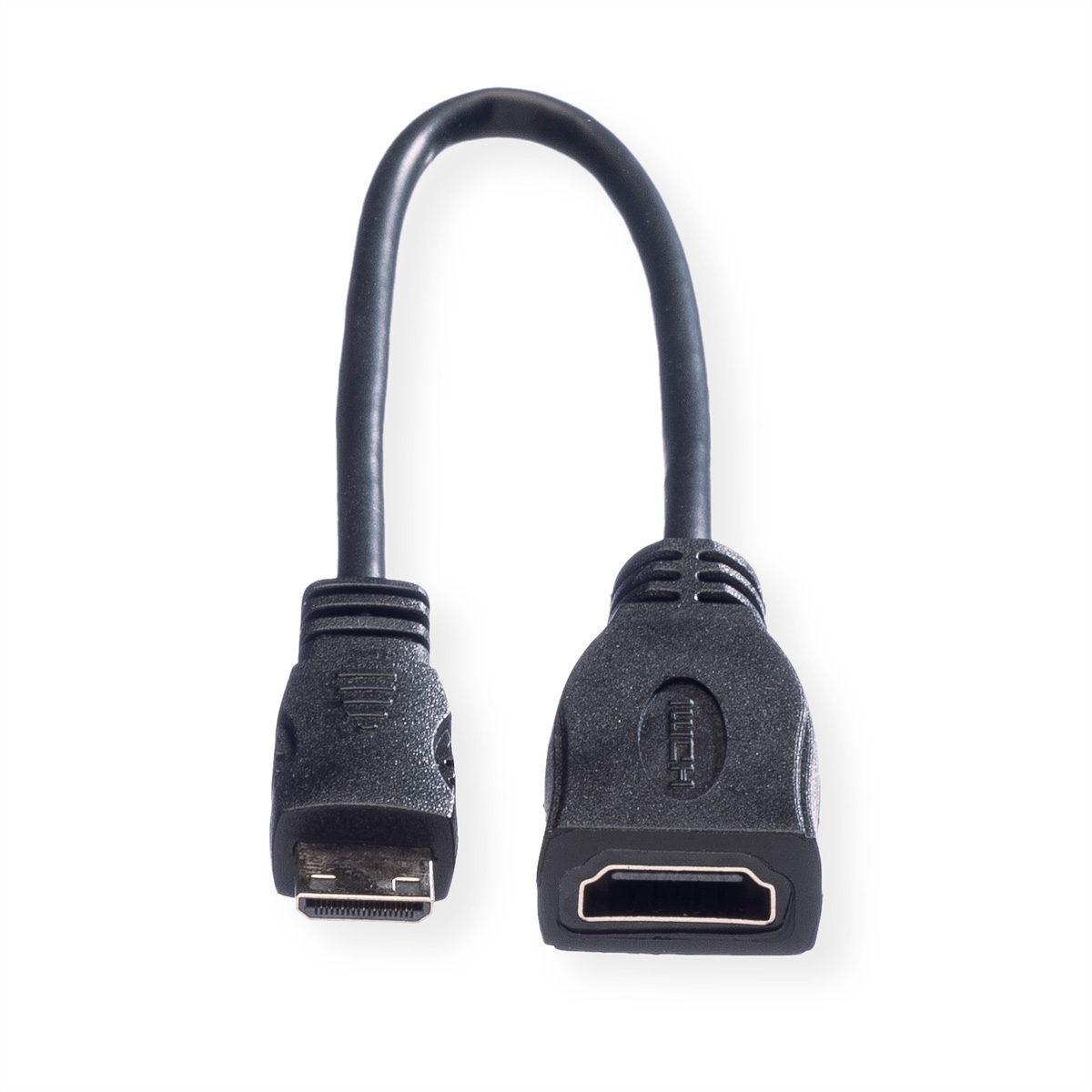 Schwarzes HDMI-Adapterkabel mit zwei Anschlüssen auf weißem Hintergrund.