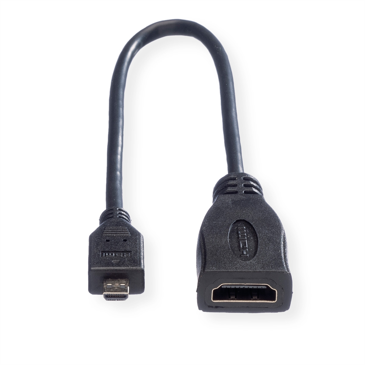 Zwarte HDMI-kabel met mini-HDMI en standaard HDMI-connector, witte achtergrond.