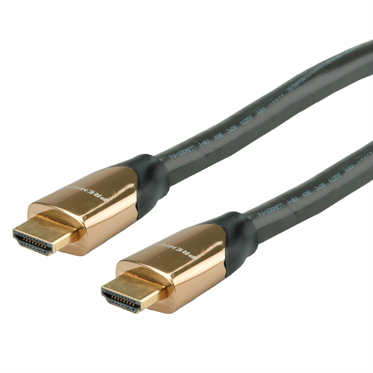 Zwarte HDMI-kabel met gouden connectoren, witte achtergrond.
