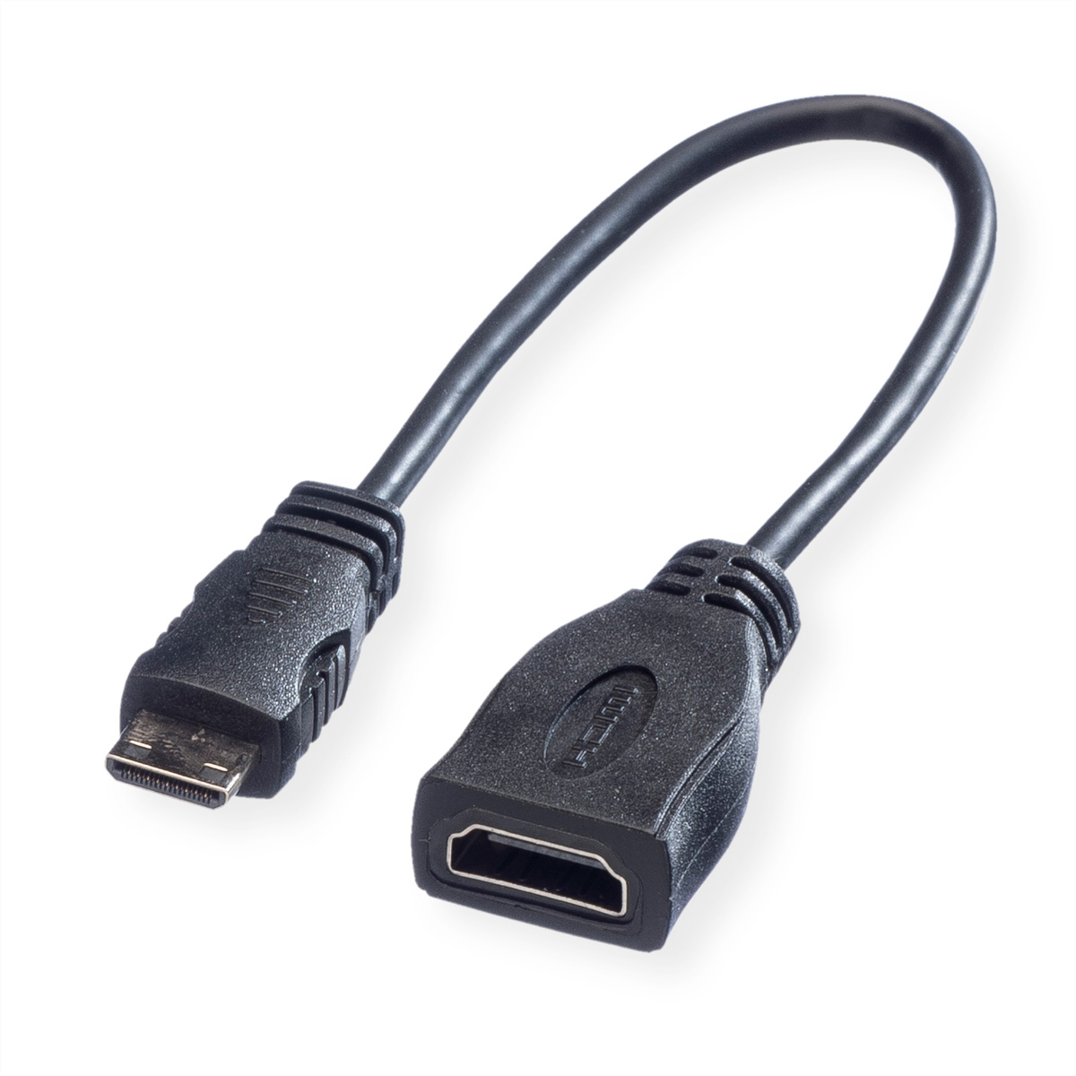 Schwarzes HDMI-auf-Micro-HDMI-Adapterkabel auf weißem Hintergrund. Anschlüsse an jedem Ende.