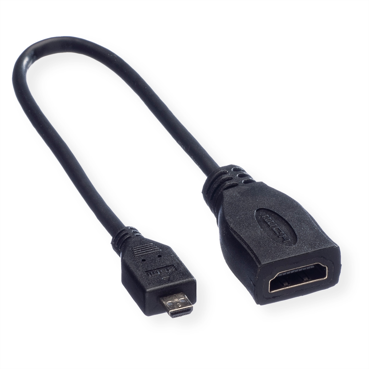 Zwarte adapterkabel, micro-USB naar HDMI, op witte achtergrond.