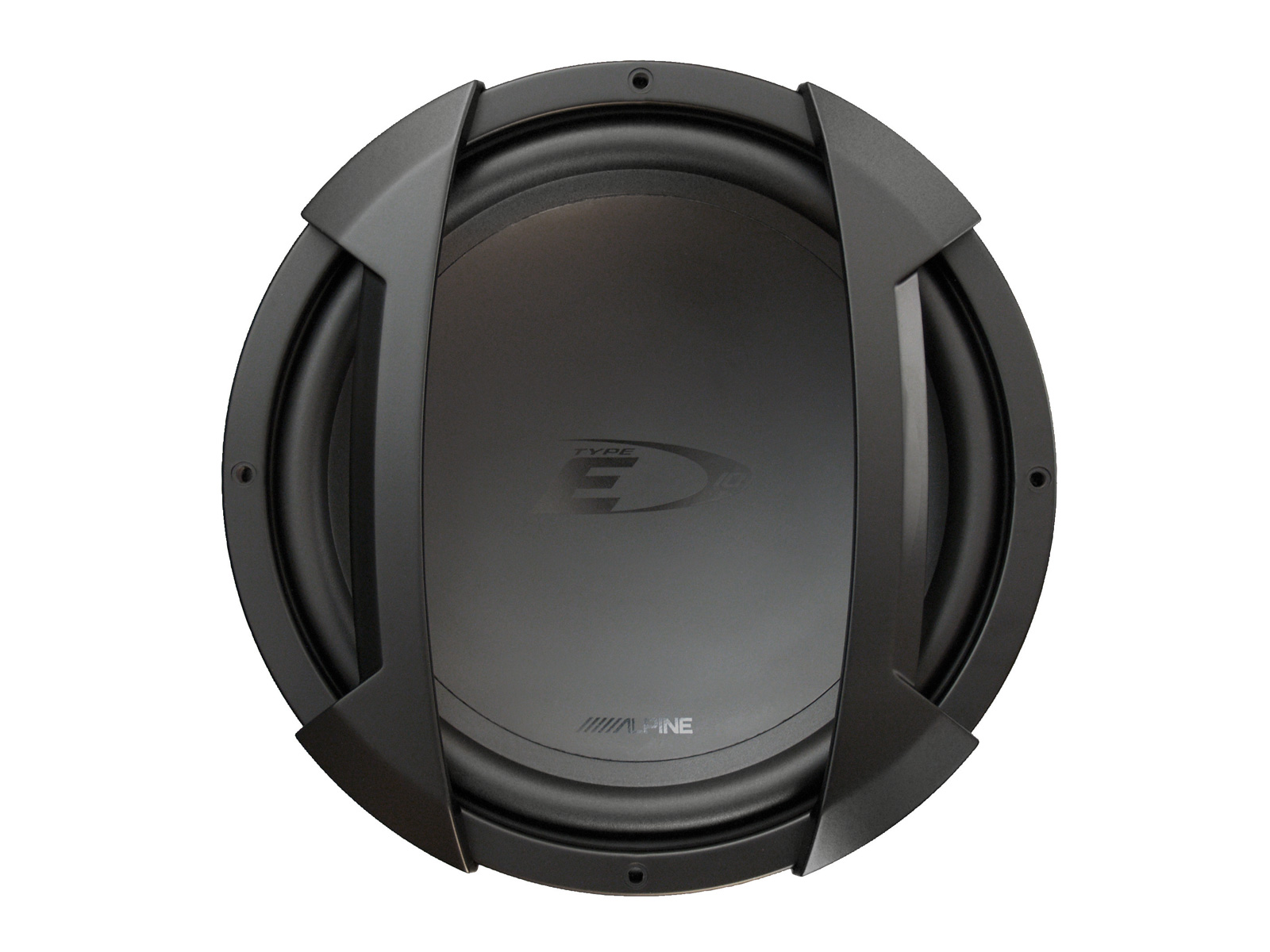 Ein schwarzer Alpine-Subwoofer mit kreisförmigem Design und weißem Hintergrund.
