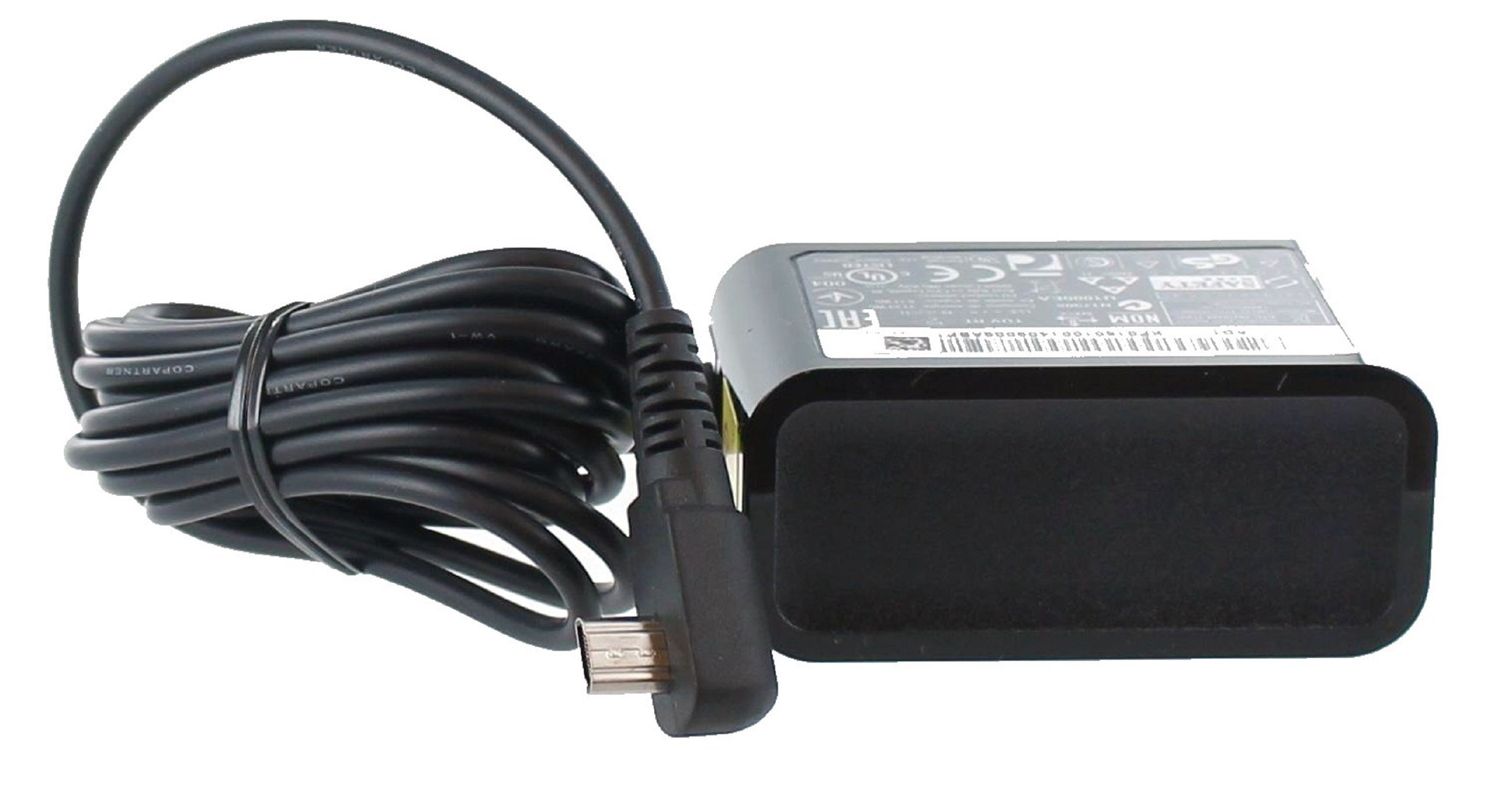 Ein schwarzes Laptop-Ladegerät mit schwarzem Kabel und Micro-USB-Anschluss. Die Form ist rechteckig.