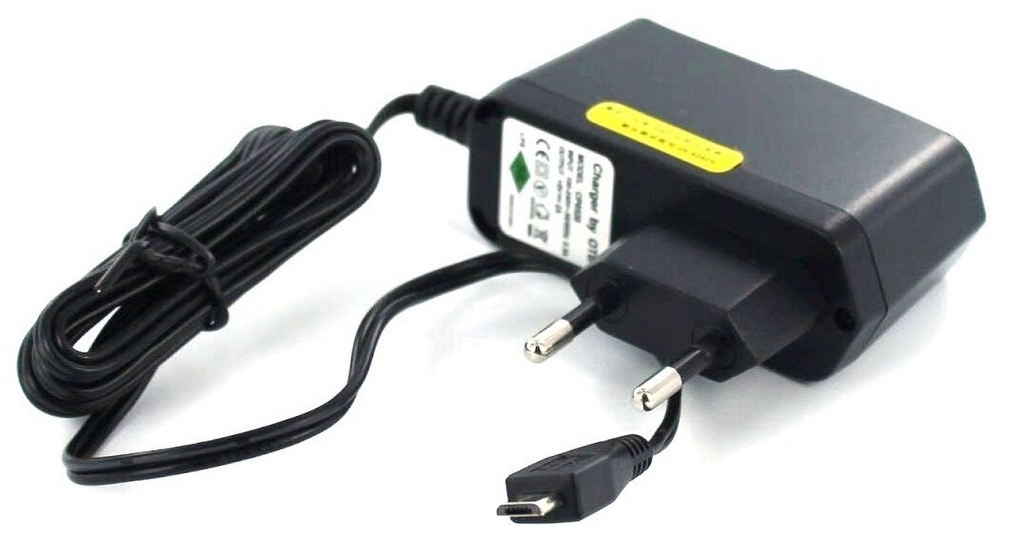 Schwarzes Netzteil mit Euro-Stecker und Micro-USB-Anschlusskabel.