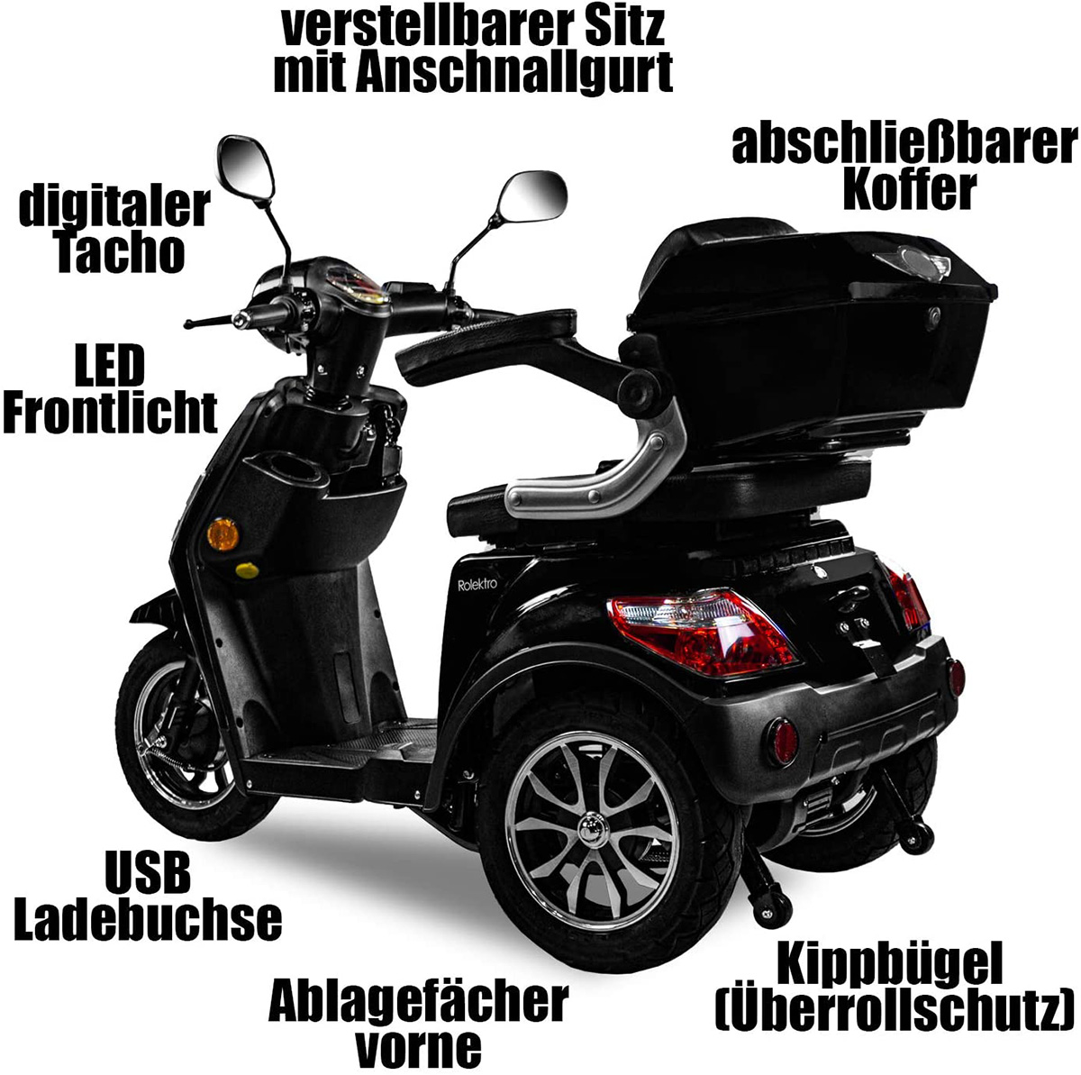 E-Scooter Schwarz) (Laufradgröße: Lithium 25 E-Trike Unisex-Rad, Seniorenmobil 15,7 V.3 Zoll, ROLEKTRO